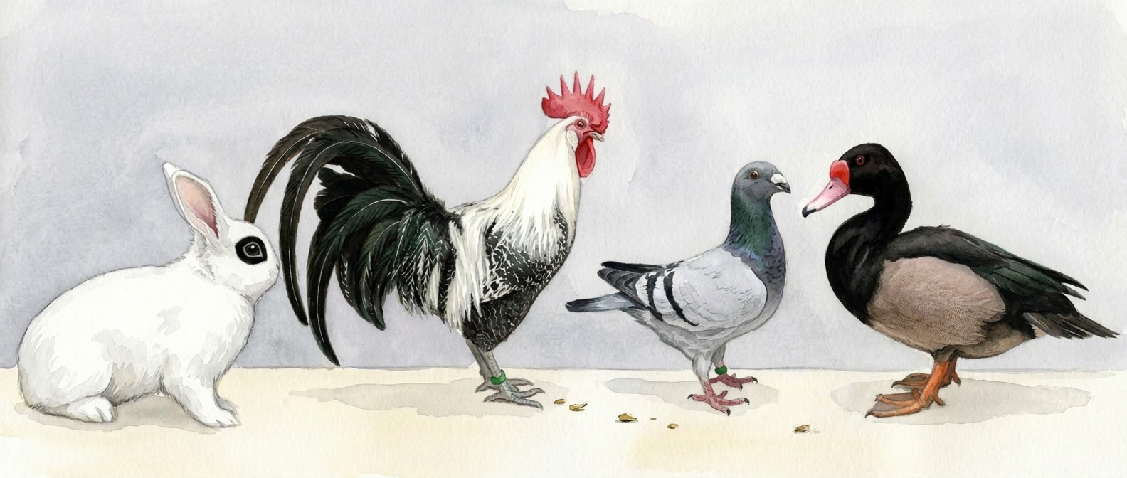 Aquarel van een konijn, haan, duif en eend